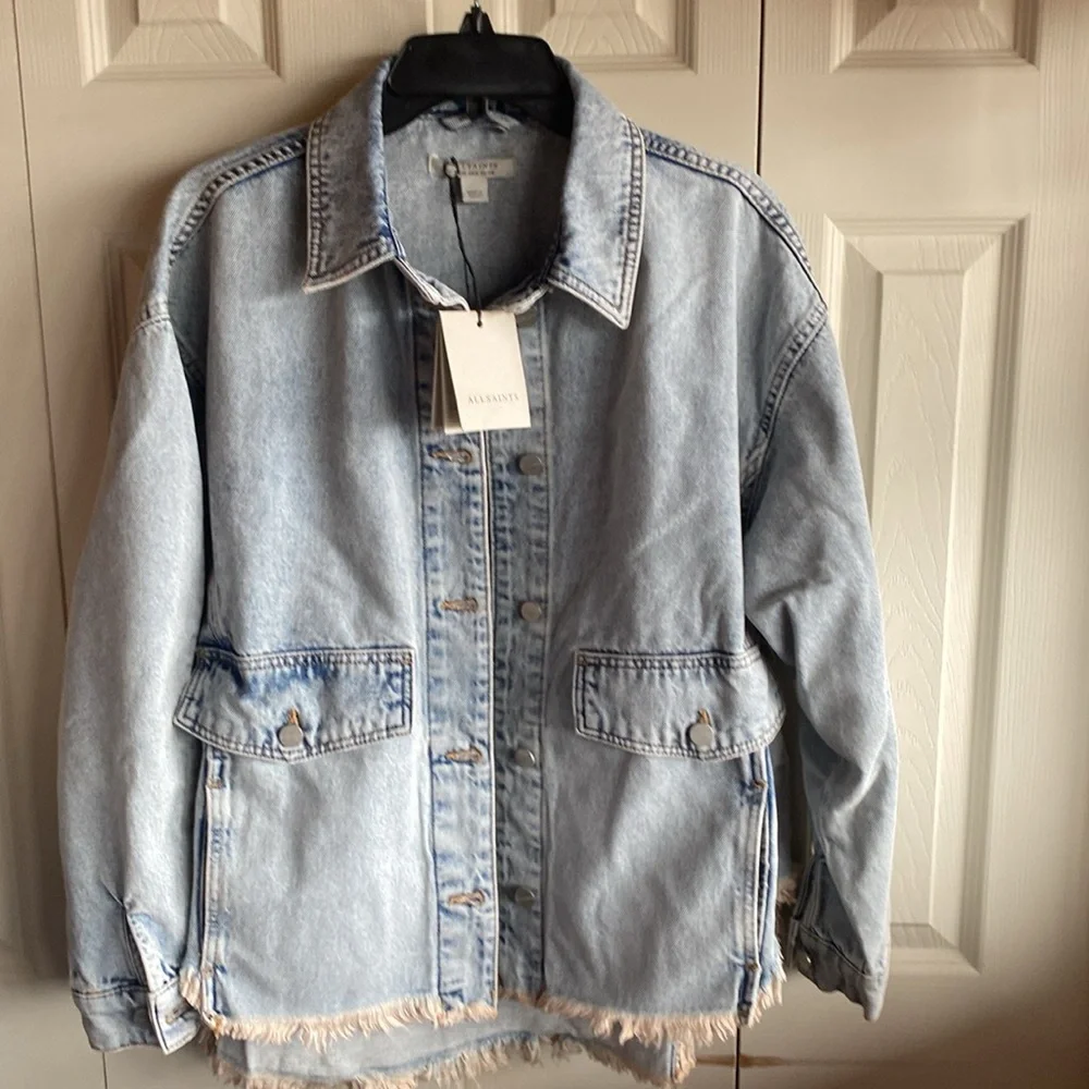 All Saints NWT HETTIE Distressed Oversized Medium Wash Denim Jacket US2-EU34 - Picture 3 of 16